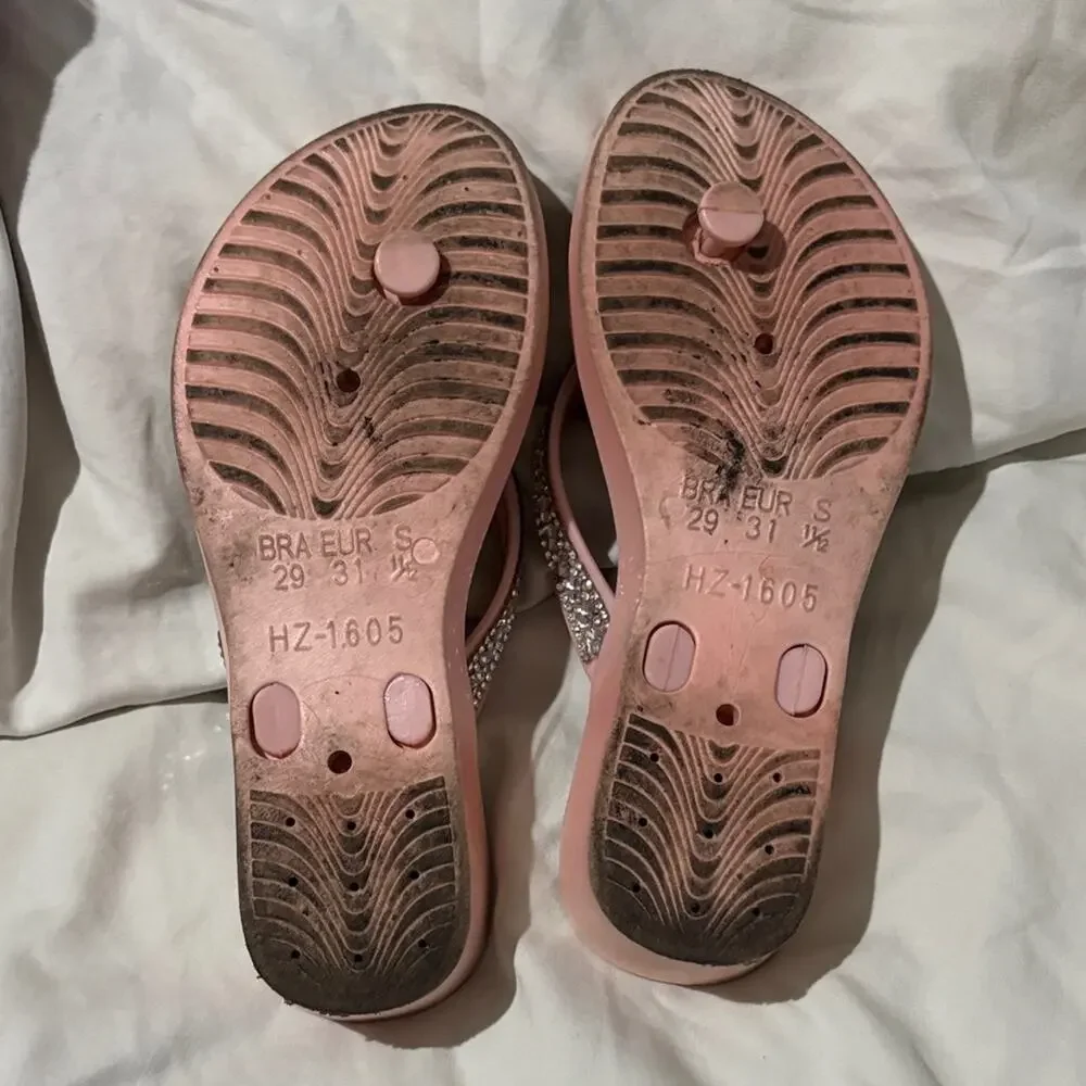 Bebe Pink Rhinestone wedge tween toe flip flops with heel Sandals 11/12 euc